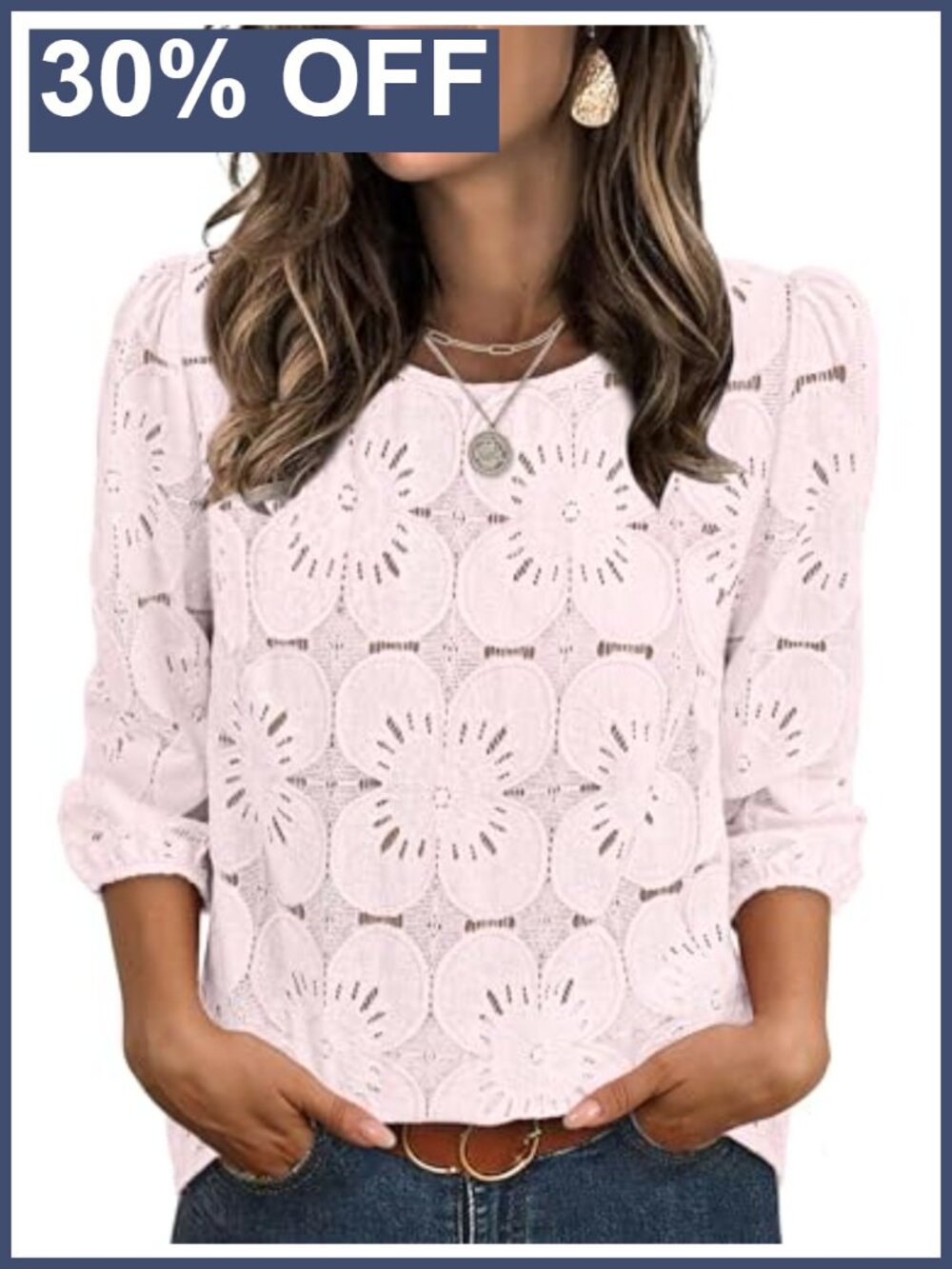 Women's Lace Eyelet 3/4 Sleeve Puff Sleeve Blouse Dressy Casual Top